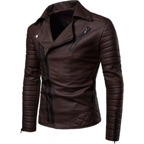 2020 Spring and Autumn Fashion Casual Stand Collar Diagonal Zipper Hip Hop Slim Leather Jacket Zip Pocket Ruched Faux Leather