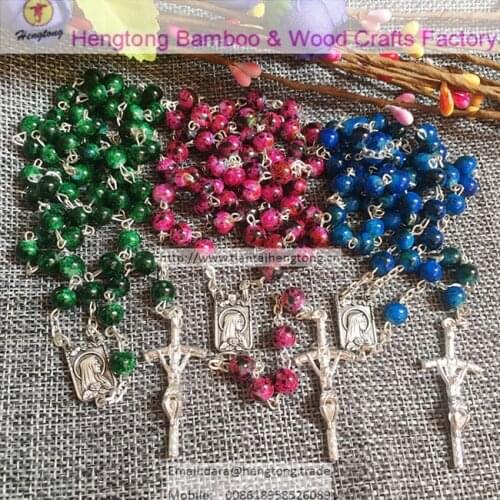6mm patterned baking finish glass beads Catholic necklace, religious rosary three colors green, pink, blue available