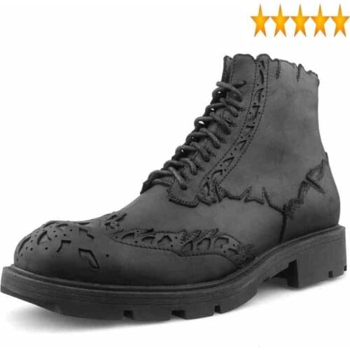 Business Luxury Brogue Shoes Men Lace Up Genuine Cow Leather Ankle England Style Winter Fashion Black Platform Boots 39-44