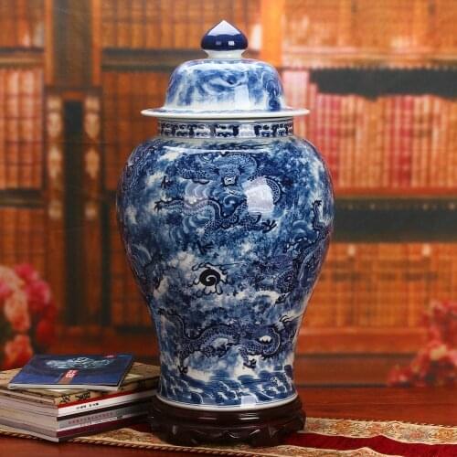 Big Hand-painted Ginger jar blue and white dragon Temple jars floor vases home furnishing living room set reproduction vases