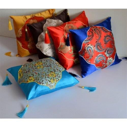 Chinese Style Embroidery Plum Blossom Peach Cushion Cover Lotus Sunflower Pillowcase Decoration for Sofa Car with Tassels