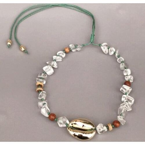 Natural Shell Choker Gold Color Plated Big Shell Necklace Jewelry Green Cord Wood Beads Clear Crystal Beaded Handmade Accessory