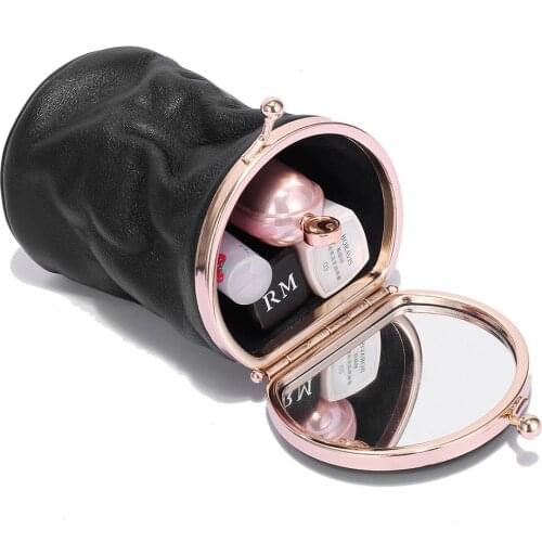 Genuine Leather Lipstick Bag Make Up Purse Perfume Portable Travel Coin Purse Cosmetic Makeup Case Organizer with Mirro