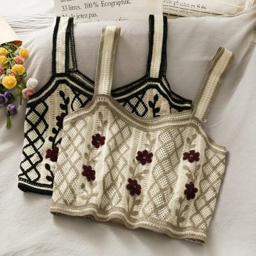 Vintage Embroidery Floral Camis Women Casual Short Knitted Sexy Crop Tops Black Tank Tops Summer 2021 Fashion Clothing