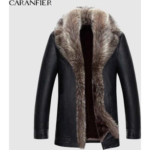 CARANFIER Real Raccoon Fur Collar Men Faux Leather Jackets Winter Thicken Coat Jaqueta De Couro Chaqueta Men PU Leather