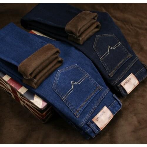Men Winter Straight Jeans Thicker Warm Stretch Jeans Good Quality Fleece Long Jeans Pants Men Smart Casual Black Denim Jeans