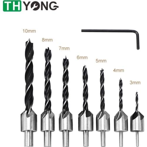 7Pcs 3mm-10mm HSS Flute Countersink Drills Bits Carpentry Reamer Woodworking Chamfer Milling Hole Countersunk Head Drilling Set
