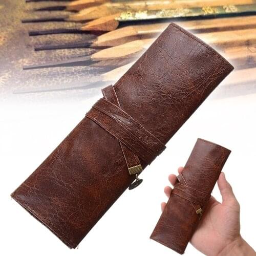 New 1Pc PU Leather Rollup Pencil Case Pencil Bag Vintage Style Pencil Case Leather Pencil Case Pen Bag Holder