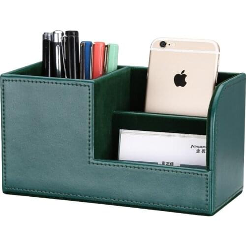 New Dark Green Pen Holder PU Leather Desk Organizer Storage Box Small Pencil Box Case Business Card Holder Phone Stand