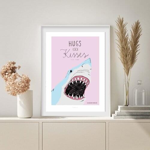 Blue Shark Poster Hugs And Kisses Canvas Painting Abstract Art Print Decorative Wall Picture For Living Room Home Decor