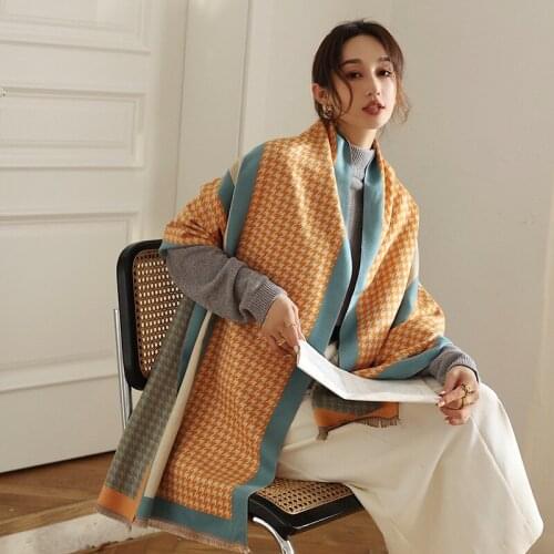 Luxury Brand Winter Striped Houndstooth Cashmere Scarf Warm Pashmina Blanket Scarves Women Shawl Female Foulard Ponchos Hijab