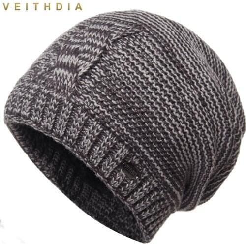VEITHDIA Skullies Hats For Men beanies Knitted plus velvet Patchwork Color Cap Winter Mens Hat gorro cap Double Layer Thick warm