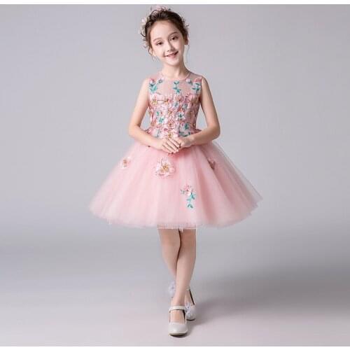 Gorgeous Pretty Pink Princess Flower Girl Dress Kids Sleeveless Embroidery Pageant Holiday Performance Party Dress De Daminha