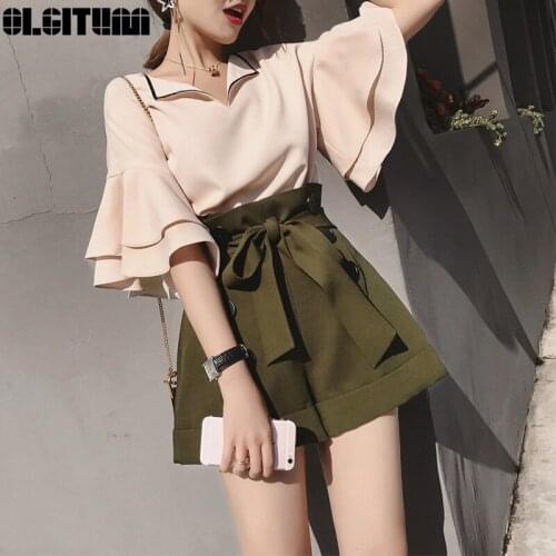 2020 Spring Summer New Style Turn Down Collar Flare Sleeve Tops and Wide Leg Pants Elegant Casual Sport Women Suits