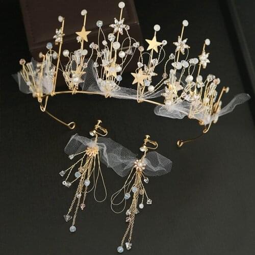 Pearl Crown Headband with Tassel Earrings Semi-Circular Design Elegant Lightweight Long Lasting for Wedding BN