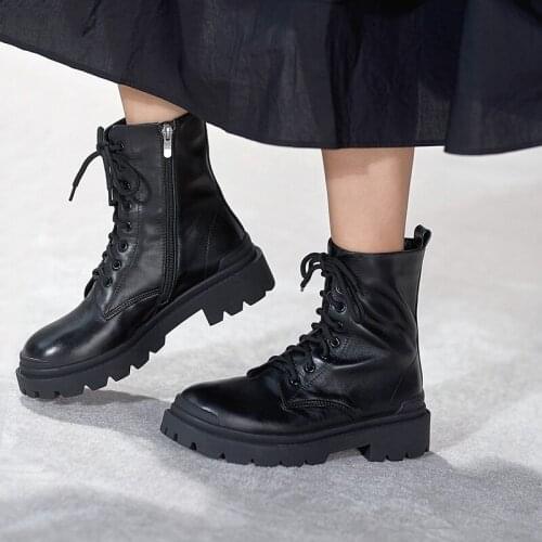 Mordoan Genuine cowhide boots mid-heel womens shoes retro British style lace-up thick-heel Martin boots womens short boots