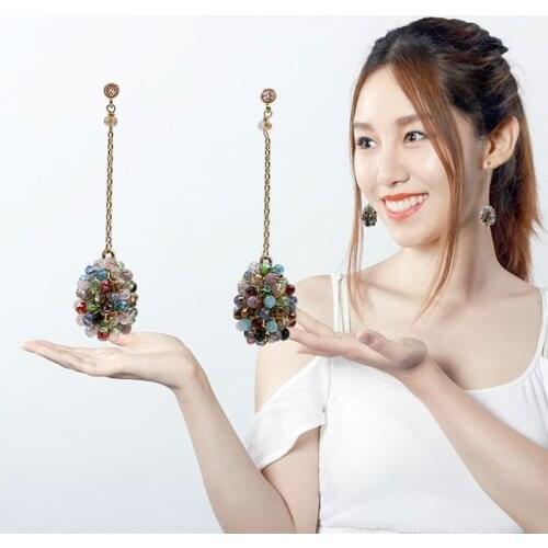 Boho Rhinestone Crystal Long Tassel Earrings Multicolor Beaded Ball Drop Dangle Earrings For Women Fashion Indian Jewelry