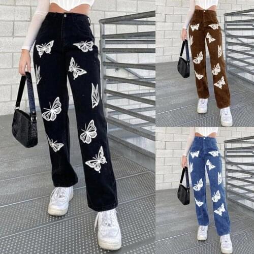 Women Jeans Butterfly Print Retro Wide Leg Pants casual straight-leg middle waist pattern washed distressed Y2K zipper long pant
