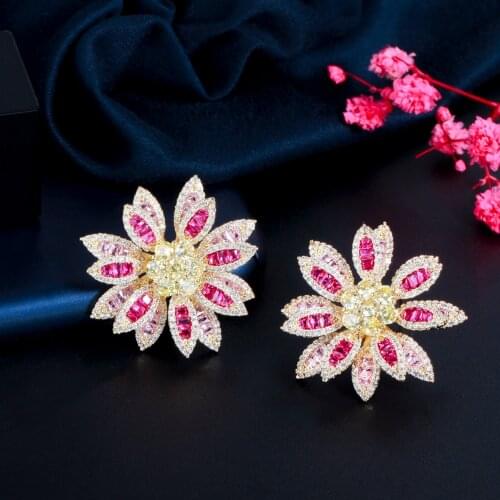 ThreeGraces Sparkling Red Cubic Zirconia Gold Color Big Delicate Flower Stud Earrings for Women Chic Korean Party Jewelry ER653