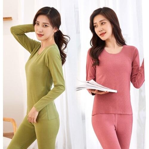 Winter Womens Thermal Underwear Sets Stretch Plus Velvet Ladies Clothes Warm Intimates Print Long Johns Women Solid Pajamas Set