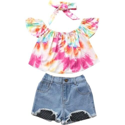 Pudcoco 1-6T 2Pcs Baby Girls Tie Dye Print Off-the-Shoulder Vest Tops+Ripped Denim Mesh Shorts Pants Jeans+Headband Clothes Sets