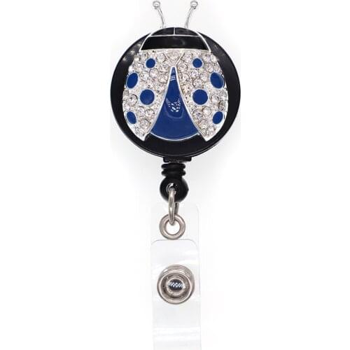 10pcs/lot Zinc Alloy Blue Enamel White Rhinestone Ladybug Badge Holder Nurse/Student/Office Badge Reel Key Chain Card Tag
