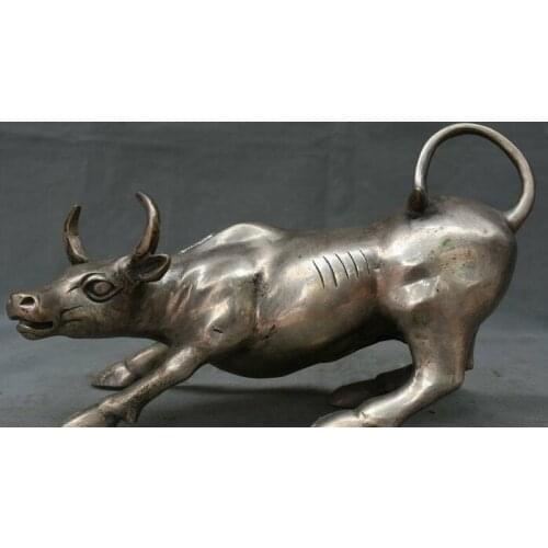 10.4" Marked China Silver Feng Shui Wall Street Bull Oxen Lucky Statue Sculpture