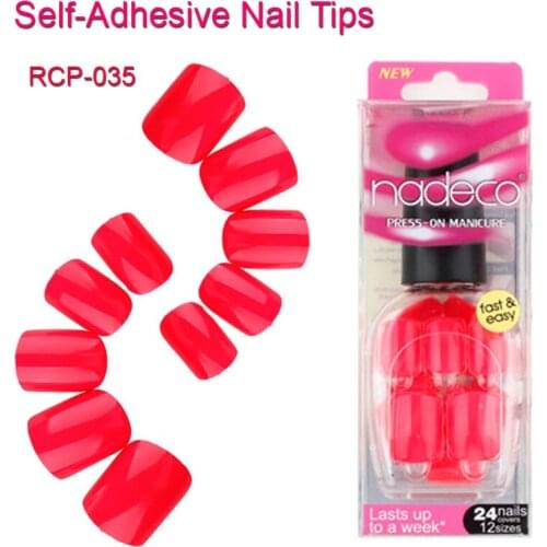 12Sets Full Cover Coral Pink Self-Adhesive False Nail Polish Tips Candy Pink Artificial Finger Nails Art French Manicure RCP-35