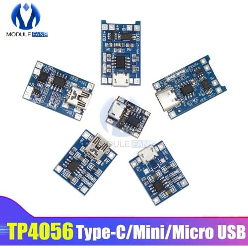 5PCS/set Type-c/Micro/Mini USB 5V 1A 18650 TP4056 Lithium Battery Charger Module Charging Board Dual Functions 1A Li-ion