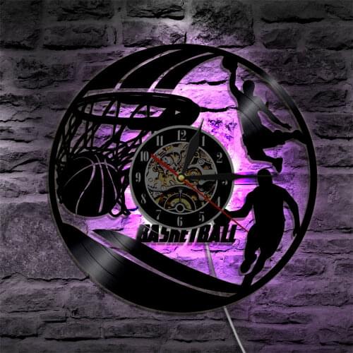 Basketball Wall Art LED Clock Basketball Players Silhouette Vinyl Record Wall Clock Slam Dunk Basketball Home Decor Sports Gift