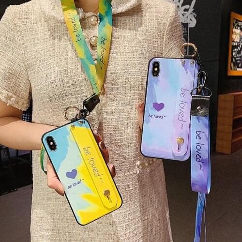 Sumkeymi Lanyard Wrist Strap Phone Holder Case For iphone 12 11 7 8 Plus mini Pro Max X XS XR Watercolor Pattern TPU Cover
