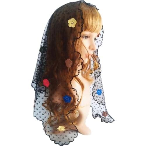 Color Floral Embroidery Black Catholic Veil Womens Head Wear Prayer Mantilla