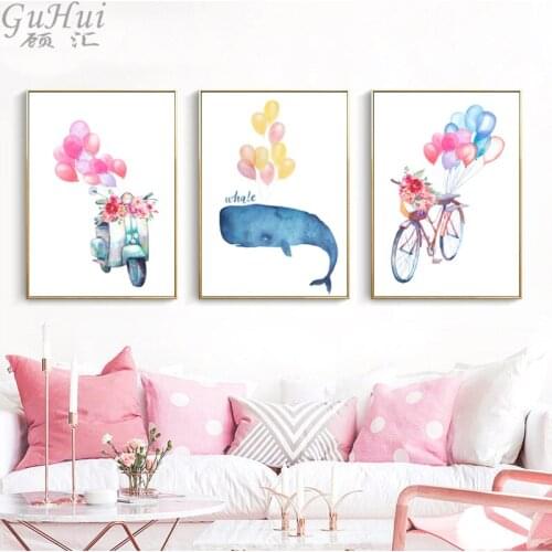 Colorful Balloons Whale Fresh Nordic Style Canvas Painting Spray Color Flower Bike Posters Room Decor Scandinavian Wall Pictures
