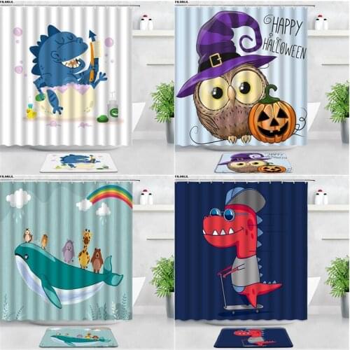 FILMILIL Cartoon Dinosaur Children Shower Curtains Bath Mats Set Cute Owl Animal Kids Home Decor Door Pad Bathroom Non-slip Rugs