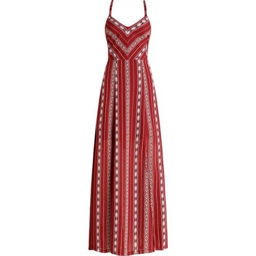 PERHAPS U Red Boho Bohemian Geometric Strap Sleeveless Backless V Neck Cross Empire Maxi Long Dress Summer Beach Vocation D0473