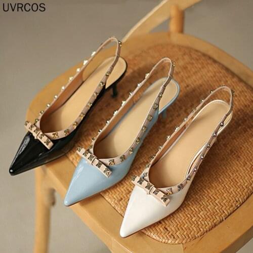 Elegant Women Heeled Shoes Fashion Riveting Design Banquet High 5cm Pointed Asakuchi Single Shoes Solid Color Woman Shoes