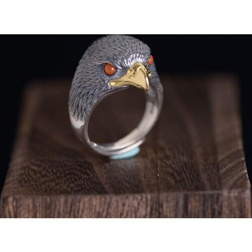 FNJ Animal Eagle Rings 925 Silver Adjustable Size Popular S925 Solid Silver Ring for Men Jewelry Fine Punk Red Agate