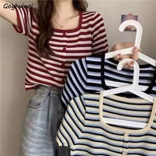 Short Sleeve T-shirts Women Knitted Striped Square Collar Clothing Casual Tshirts Slim All-match Summer T Shirts High Elasticity