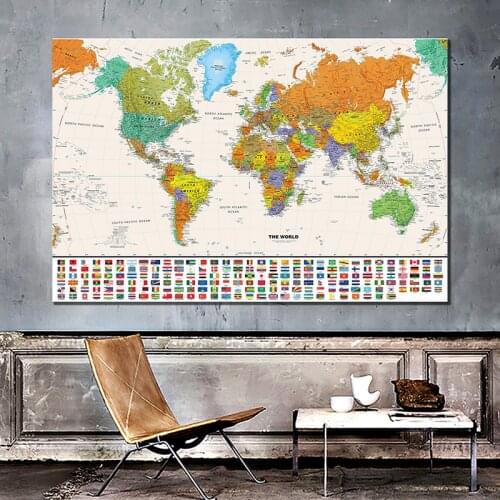 The World Physical Map with National Flag for Education and Culture Non-woven Spray World Map 150x100cm Wall Sticker Decoration