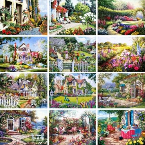 Huacan 5d Diy Diamond Painting Garden House Embroidery Mosaic Spring Flower Landscape Home Decor Rhinestone Pictures