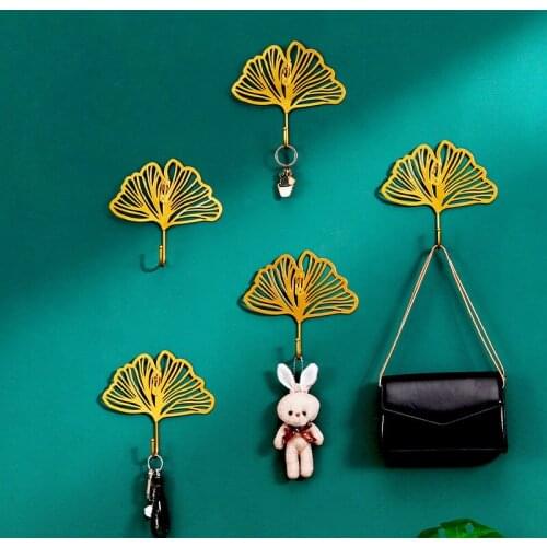 Hanger Keys Creative Hanging Hook Holder Wall Home Strong Seamless Hook Decorative Hook Creative Golden leaves Hooks