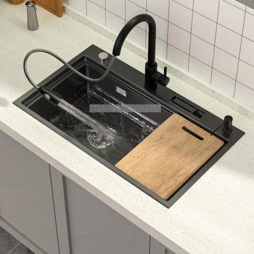 Kitchen Black Nanometer 304 Stainless Steel Large Single Sink Sink Stepped Undercounter Sink