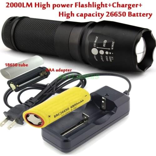 Zoomable XM-L T6 2000 Lumens 26650/18650/AAA Zoom LED Flashlight Torch + 6800Mah 26650 battery + Charger