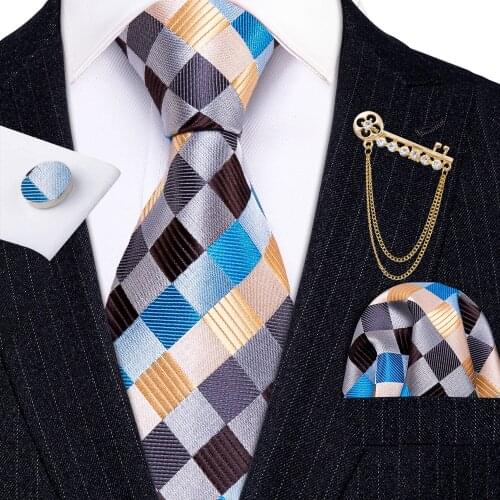 Fashion Designer Blue Geometric Men Tie Gold Brooch Silk Tie Handkerchief Set Gift For Men Wedding Business Barry.Wang Necktie