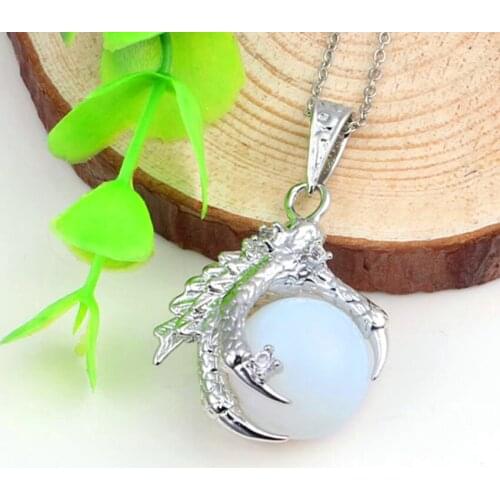 Trendy-beads Vintage Style Silver Plated Opalite Opal Inlay Dragon Claw Pendant With Chain Necklace Fashion Jewelry