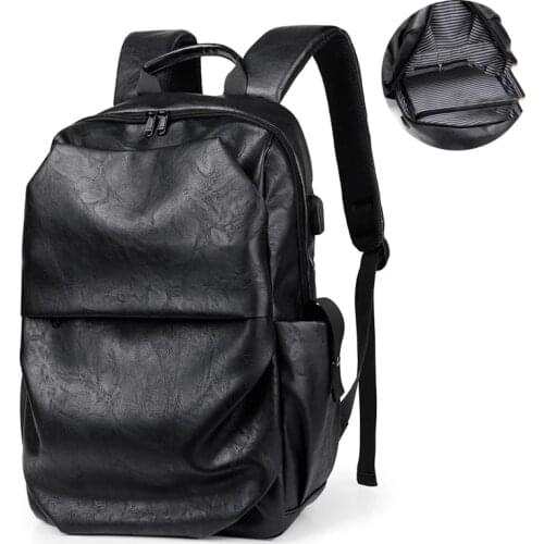 Scione Mens Backpack PU Leather Waterproof USB Charging Male Laptop Travel School Outdoor Bag packs Teenage Student MochilaK146