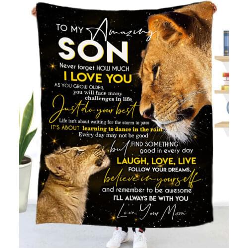 Soft Flannel Cover Blanket Lion Pattern Letter To Son/Daughter/Mom/Dad Throw Blanket for Couch Bed Birthday Gifts