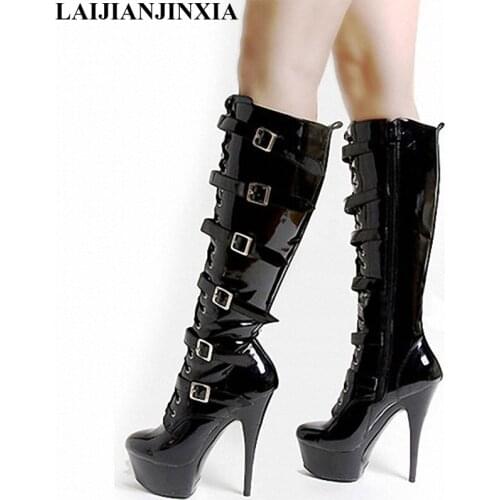 LAIJIANJINXIA New Women Knee-High Boots 15cm High Heels Boots For Ladies Round Toe Buckle Strap Party Boots Motorcycle boots