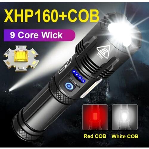New Upgrade XHP160 Powerful Led Flashlight Torch Usb Rechargeable Zoom Tactical Flashlight Multifunction COB Outdoor Flash Light