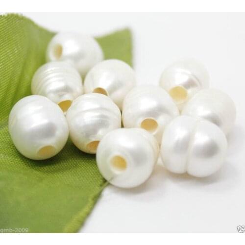 New Rare 10-11MM Natural White 2.3mm Big Hole Freshwater Pearl Loose Beads 10PCS